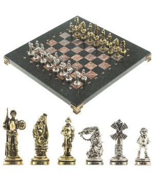 Подарочные шахматы "Дон Кихот" доска 28х28 см из камня креноид змеевик фигуры металлические