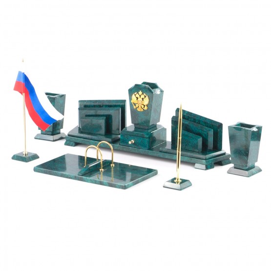 Письменный канцелярский набор "Бюрократ" камень змеевик с гербом РФ
