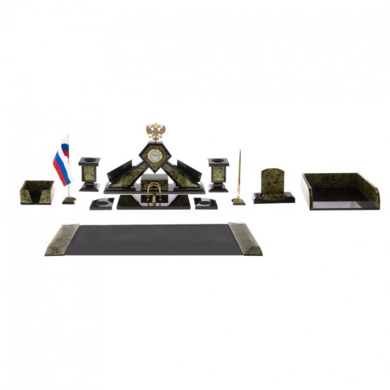 Письменный набор "Герб" с лотком для бумаг А4 и бюваром камень змеевик 124559