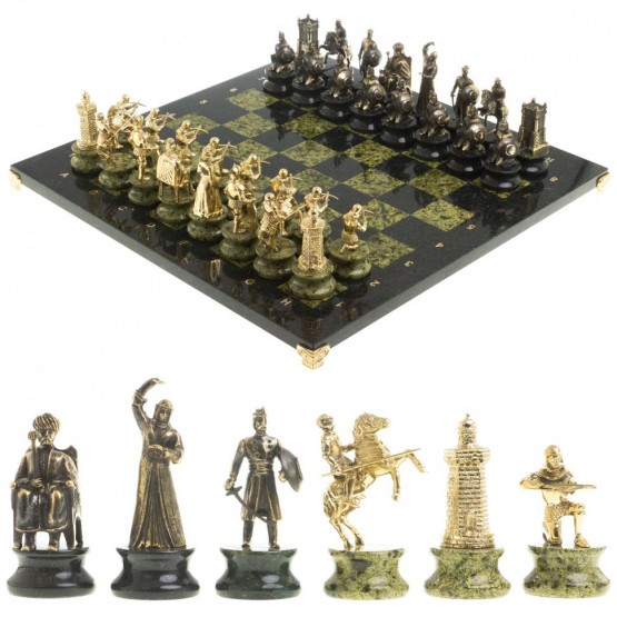 Шахматы подарочные "Турецко-европейская война" камень змеевик бронза 48х48 см 117806