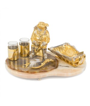 Икорница со стопками "Рыбак с санями" камень агат в подарочной упаковке Златоуст