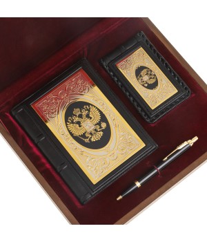 Подарочный мужской набор "Держава" кожаный ежедневник А6, визитница для карт и ручка Parker в деревянной коробке Златоуст