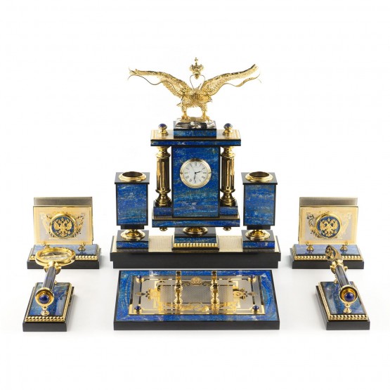Настольный канцелярский набор на стол руководителю "Двуглавый орел" камень лазурит Златоустовская гравюра