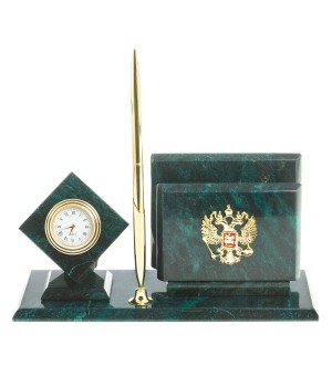 Письменный набор "Герб РФ" камень змеевик с часами и ручкой