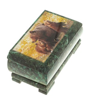 Шкатулка с иллюстрацией "Медведица с медвежатами" камень змеевик 17,5х9,5х7,5 см / шкатулка для ювелирных украшений / для хранения бижутерии / подарок коллеге