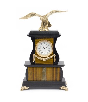 Декоративные часы "Орел" камень тигровый глаз бронза