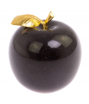 Яблоко из черного змеевика с металлическим листиком 7,5х7,5х8 см