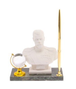 Подставка под ручку на стол "Бюст Николая II" с глобусом змеевик мраморная крошка / ручка подарочная