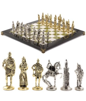 Шахматы из камня с металлическими фигурами "Русь" доска 40х40 см мрамор и змеевик