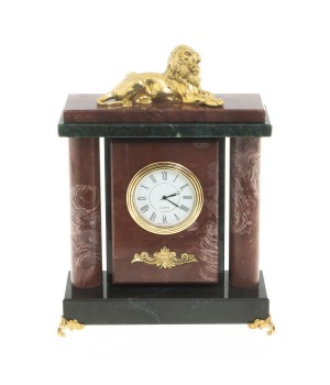 Настольные часы с колоннами "Лев" камень лемезит бронза