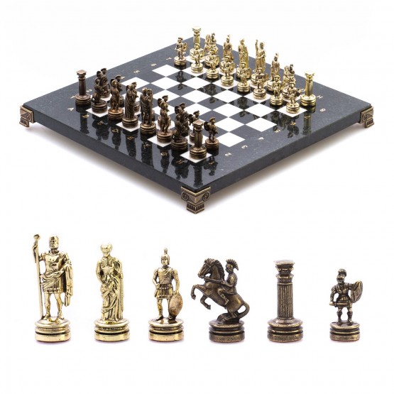 Шахматный набор "Римляне" доска 28х28 см мрамор фигуры цвет бронза-золото / Шахматы подарочные / Шахматы металлические / Настольная игра