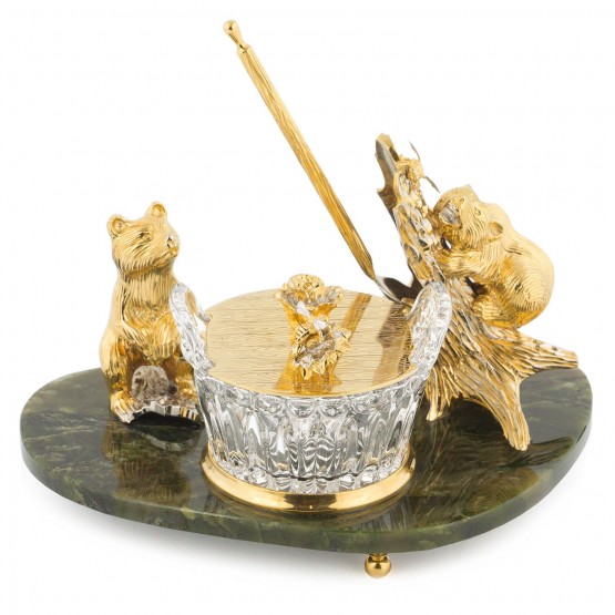 Сувенирная медовница "Два медвежонка" на нефрите в подарочной коробке Златоуст
