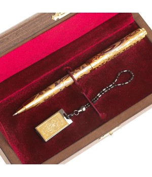 Подарочный набор "Статус" ручка с гравюрой и флешка герб РФ 32 Gb в деревянной коробке Златоуст