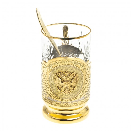 Позолоченный подстаканник "Герб России" с хрустальным стаканом в подарочной упаковке Златоуст