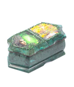 Подарочная шкатулка с двумя отделениями "Хозяйка медной горы / Осенний пейзаж" из камня змеевик 20х10х7,5 см
