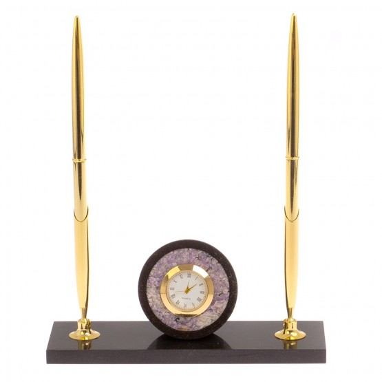 Часы с двумя ручками камень чароит / подставка под ручки / интерьерные часы / подарочные часы