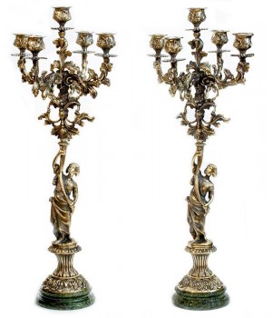Бронзовые канделябры "Диана" 10 свечей на подставке из змеевика 113354