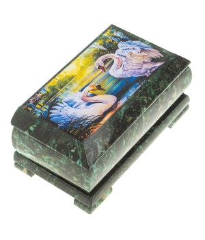 Шкатулка с иллюстрацией "Пара лебедей" камень змеевик 17,5х9,5х7,5 см / шкатулка для ювелирных украшений / для хранения бижутерии / для денег