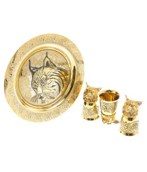 Подарочный набор "Рысь" тарелка с гравюрой и 3 стопки перевертыши 70 мл бронза Златоуст