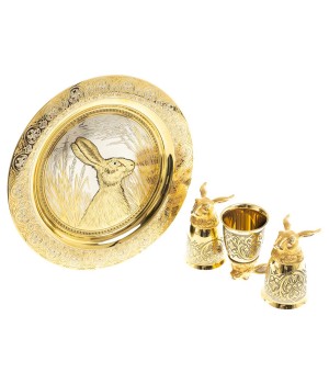 Подарочный набор "Заяц" тарелка с гравюрой и 3 стопки перевертыша 70 мл бронза Златоуст