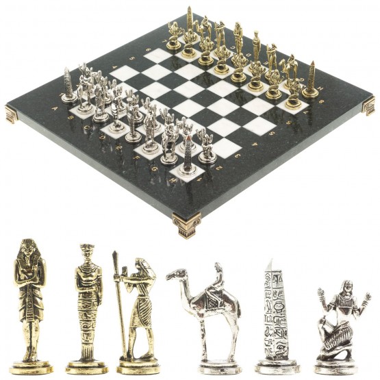 Подарочные шахматы с фигурами из металла "Древний Египет" доска 32х32 см из камня мрамор