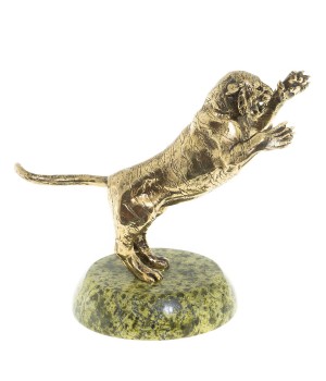 Декоративная статуэтка из бронзы "Тигр в прыжке" на подставке из камня змеевик - символ 2022 года
