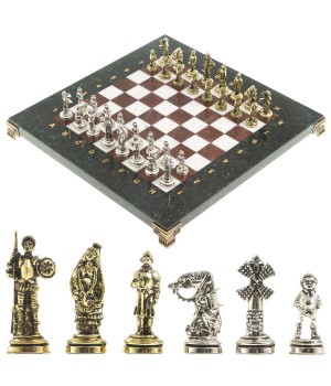 Подарочные шахматы с металлическими фигурами "Дон Кихот" доска 28х28 см из камня лемезит мрамор