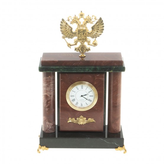 Настольные часы с колоннами "Герб России" камень лемезит бронзовое литье