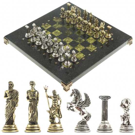 Сувенирные шахматы "Атлас" доска 28х28 см из камня змеевик фигуры металлические