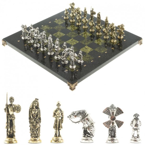 Набор шахматы подарочные "Дон Кихот" доска 36х36 см камень змеевик фигуры металлические