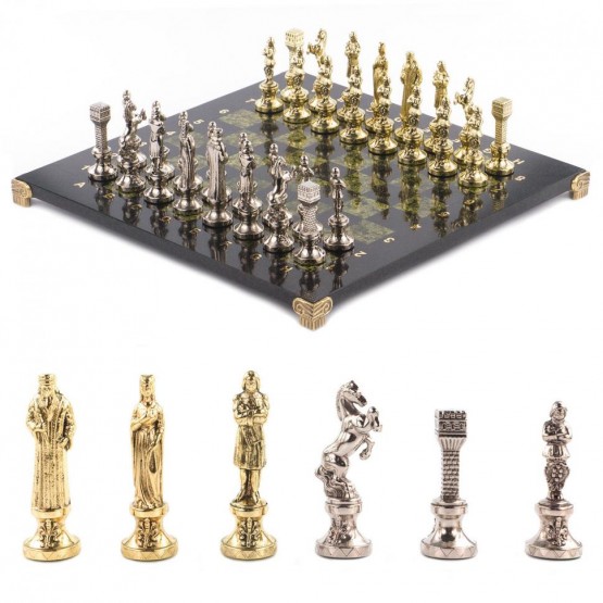 Шахматы "Ренесанс" доска 36х36 см змеевик фигуры цвет золото - серебро / Шахматы подарочные / Набор шахмат / Настольная игра