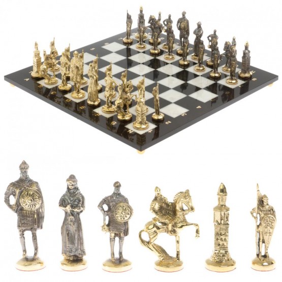 Шахматы с фигурами из бронзы "Русские" доска мрамор долерит 37х37 см 129724