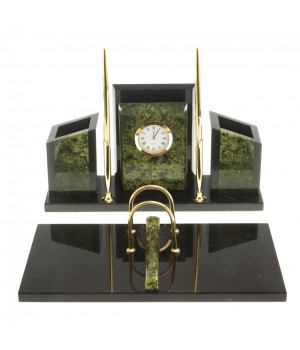 Письменный набор "Канцелярский" с часами камень змеевик / Набор письменных принадлежностей / На стол руководителю / Подарок начальнику