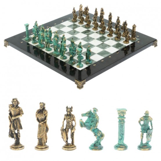 Шахматы "Римляне против Галлов" фигуры бронза / патина 36х36 см мрамор змеевик 128376